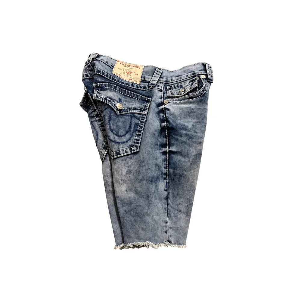 True Religion Ricky Super T Denim Shorts Mens 30 Light Blue Acid Wash